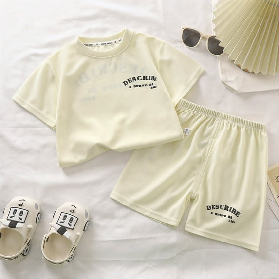 HAOTAGS Summer Letter Print Outfit Set for Toddler Boys Girls, Short Sleeve Round Neck Tshirts with Shorts Set White 7 T