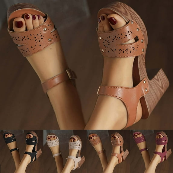 HAOTAGS Summer Sandals for Ladies,Open Toe Breathable Casual Block Heel Sandals for Walking Khaki 7