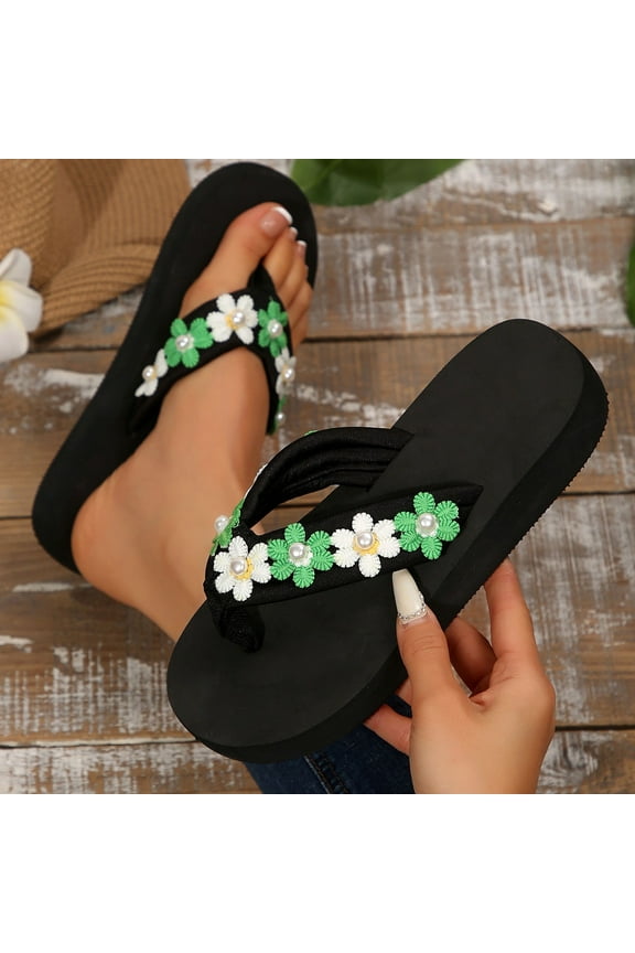 Summer Sandals for Women Flower Bohemian Casual Outdoor Flip-flops Green Size 9