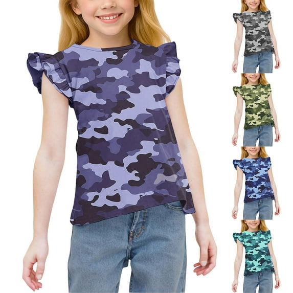 HAOTAGS Summer T-Shirt Girls, Camouflage Ruffled Sleeves Lightweight Casual Tees Purple 4 T