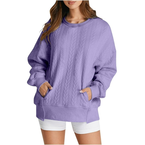 HAOTAGS Sweatshirts for Women Crewneck Long Sleeve Loose Fit Tops Solid Color Color Ribbed Trim Fashion 2025 Purple Size XL