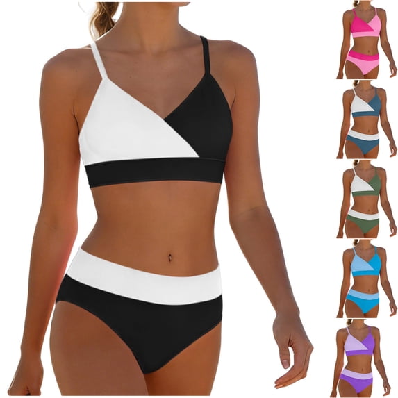 HAOTAGS Swimsuit 2-Piece for Girls, Color Block Sports High Waist Bikinis Set Summer Beach Vacation Bathing Suits Black Size 14
