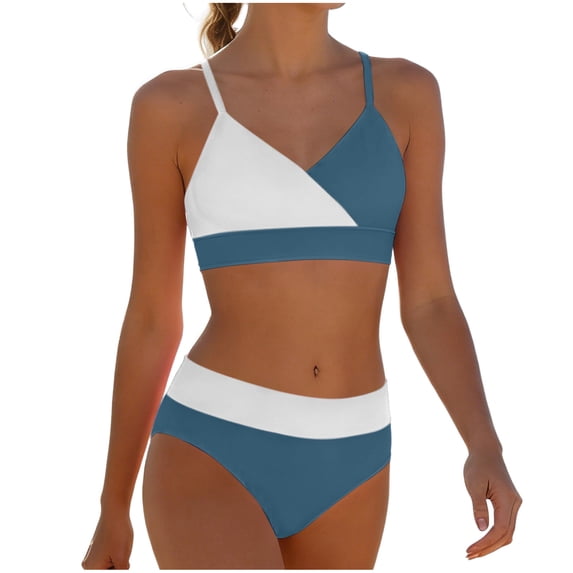 HAOTAGS Swimsuit 2-Piece for Girls, Color Block Sports High Waist Bikinis Set Summer Beach Vacation Bathing Suits Blue Size 14