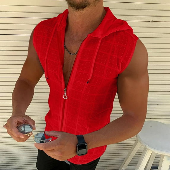 HAOTAGS Tank Tops Men, V-Neck Solid Color Sleeveless Summer Casual Tops Red XL