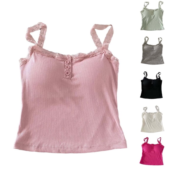 HAOTAGS Tank Tops for Girls Lace Trim Built - in Bra Racerback Round Neck Tops White Size Free Size