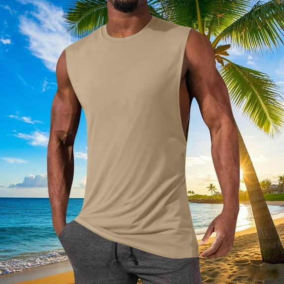 HAOTAGS Tank Tops for Mens, Breathable Loose Solid Cotton Tops Khaki 2XL