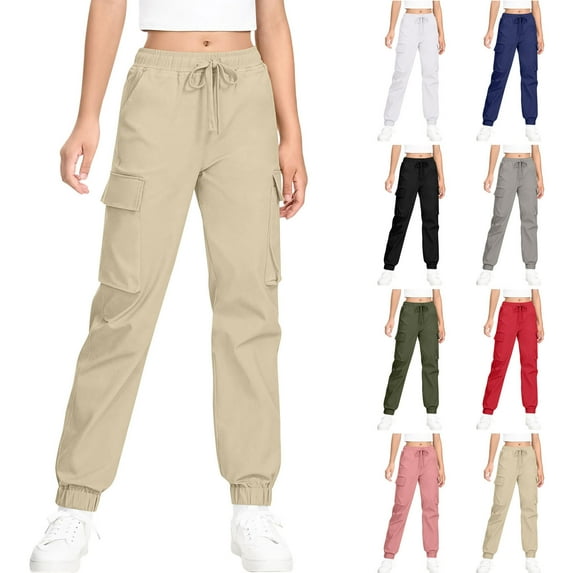 HAOTAGS Tee Girls Cargo Pants(4-15), Elastic Waist with Drawstring Joggers with Multi-pockets Khaki 8-9Years