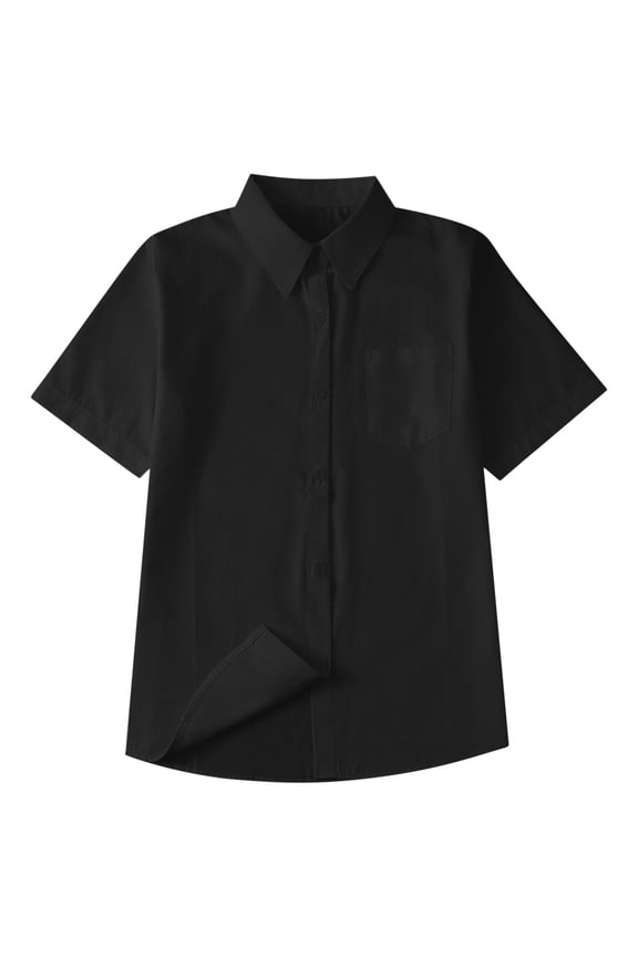 Teen Boys Button Down Shirts for School (10-16Years) Solid Color Short Sleeve Lapel Shirts for Boys Black Size 12 Years