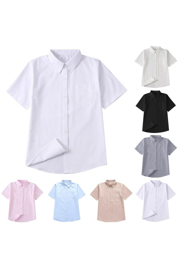 Teen Boys Button Down Shirts for School (10-16Years) Solid Color Short Sleeve Lapel Shirts for Boys White Size 12 Years
