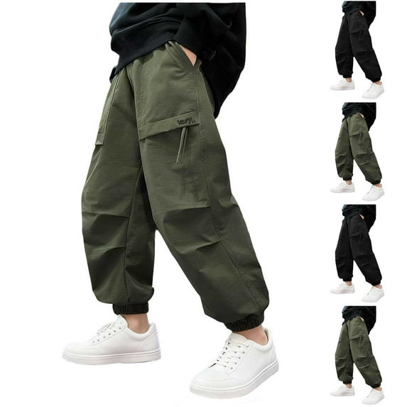 HAOTAGS Teen Boys Cargo Pants(5-15), Elastic-Waist Trousers with Multi-Pockets Casual Comfy Long Pants Black 14-15 Years