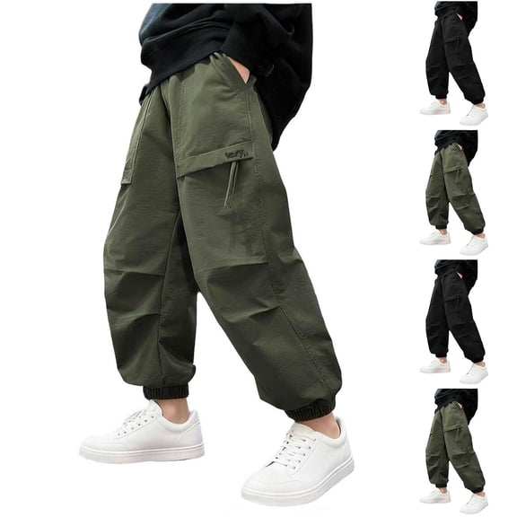 HAOTAGS Teen Boys Cargo Pants(5-15), Elastic-Waist Trousers with Multi-Pockets Casual Comfy Long Pants Green 5-6 Years