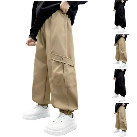 HAOTAGS Teen Boys Cargo Pants(5-15Y), Elastic-Waist Trousers with Pockets Casual Comfy Long Pants Black 9-10 Years