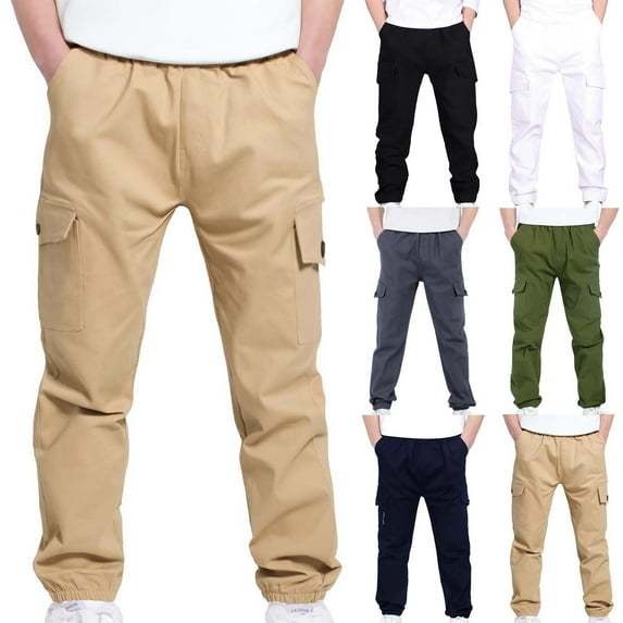 HAOTAGS Teen Boys Cargo Pants with Multi Pockets Casual Stright Type Cargo Pants White Size 8 Years