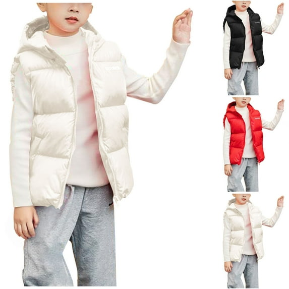 HAOTAGS Teen Boys Girls Down Jacket(4-15), Sleeveless Hooded Vest Zip Up Hooded Vest Casual Winter Outwear White 5 Years