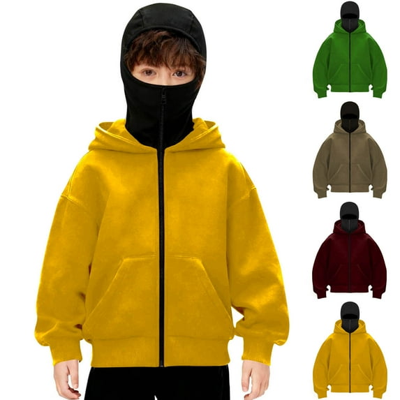 HAOTAGS Teen Boys Girls Winter Double-Hood Zip Jacket(4-15), Windproof Face-Panel Hoodie Sporty Long-Sleeve Outerwear with Pockets Green 4-5Years