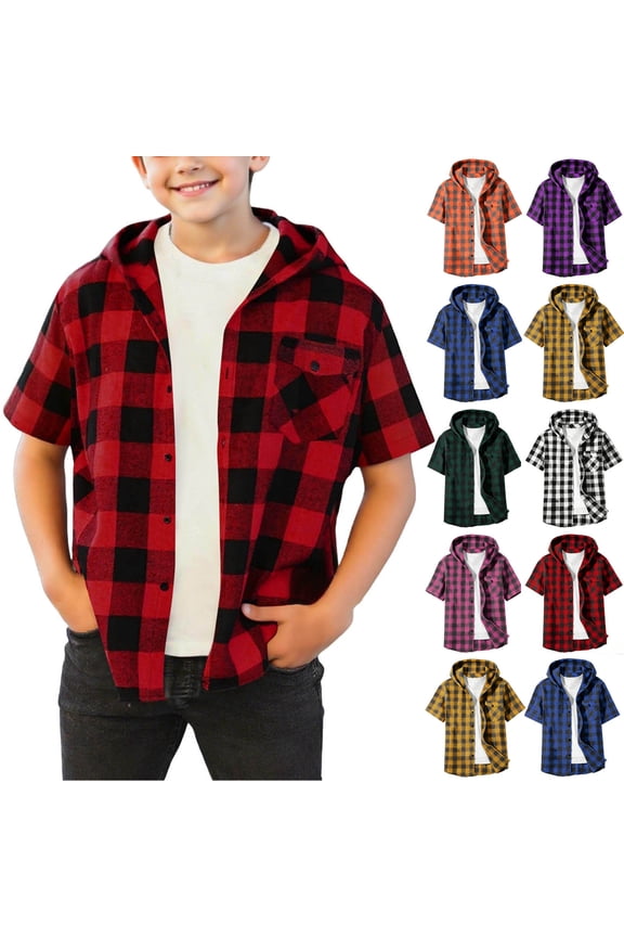 Teen Boys Plaid Hooded Shirt-Jacket（4-15） Button-Down Short Sleeve Casual Top Black 6