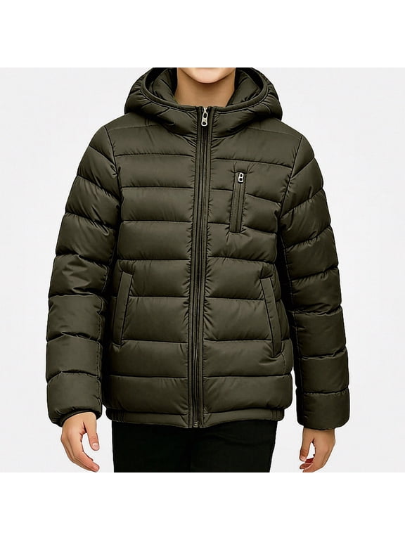 Teen Boys Quilted Coat (9-17) Long Sleeve Hooded Zip Up Warm Winter Jacket Army Green Size 9