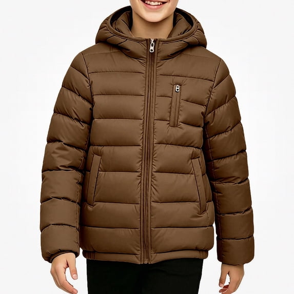 HAOTAGS Teen Boys Quilted Coat (9-17) Long Sleeve Hooded Zip Up Warm Winter Jacket Coffee Size 13