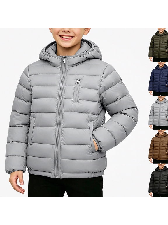 Teen Boys Quilted Coat (9-17) Long Sleeve Hooded Zip Up Warm Winter Jacket Gray Size 11