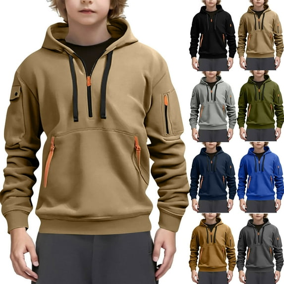 HAOTAGS Teen Boys Sport Hoodie, Half Zip Hooded Sweatshirts with Multi-pockets Casual Pullover Top Black 7 Years