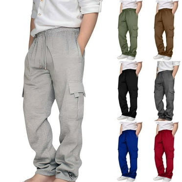 HAOTAGS Teen Boys Sport Joggers with Multi-pockets Solid Color Cargo Sweatpants with Drawstring Gray Size 7 Years