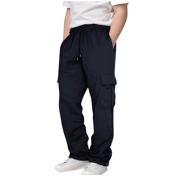 HAOTAGS Teen Boys Sport Joggers with Multi-pockets Solid Color Cargo Sweatpants with Drawstring Navy Size 3 Years