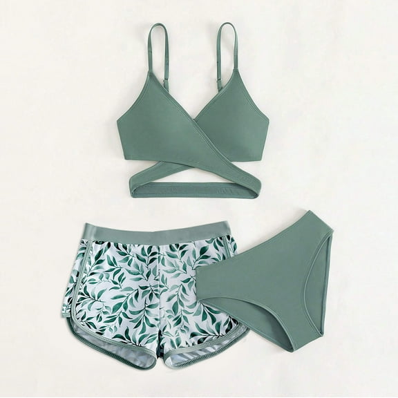 HAOTAGS Teen Girls Bikini Tops, Graphic Prints Sleeveless Summerwear Breathable Swimsiuts Green 11-12T