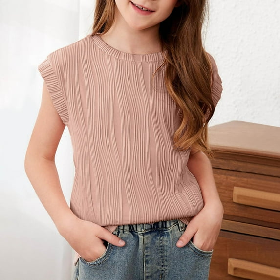 HAOTAGS Teen Girls Blouse Tops Casual Solid Color Round Neck Short Sleeve Tshirts Rose Gold 10Y