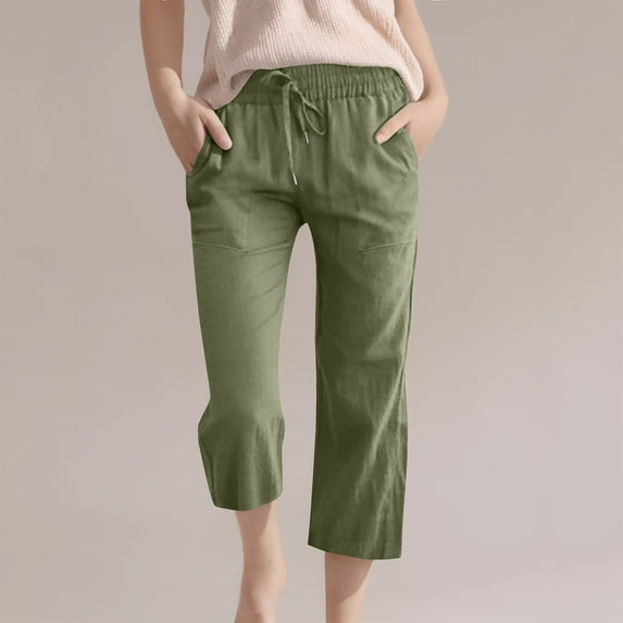 HAOTAGS Teen Girls Capris, Cotton Linen Pants Summer Casual Cropped Trousers Army Green 9-10 Years