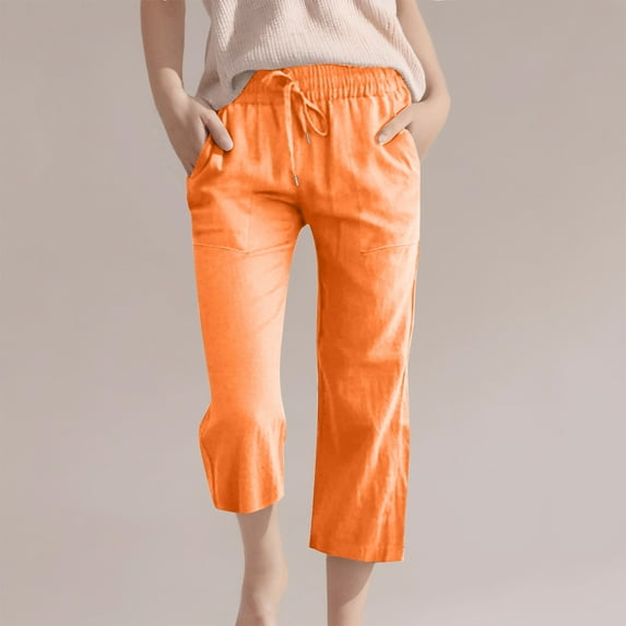 HAOTAGS Teen Girls Capris, Cotton Linen Pants Summer Casual Cropped Trousers Orange 9-10 Years