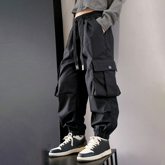 HAOTAGS Teen Girls Cargo Pants with Multi Pockets, Casual Sport Joggers Black 7 Years