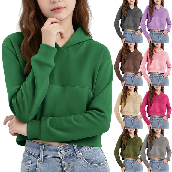 HAOTAGS Teen Girls Cropped Hoodie(4-12), Casual Long Sleeve Hooded Sweatshirts with Pockets Army Green 10 Years