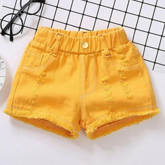 HAOTAGS Teen Girls Denim Shorts, Elastic Waist Cotton Shorts with Pockets Yellow 3 Years