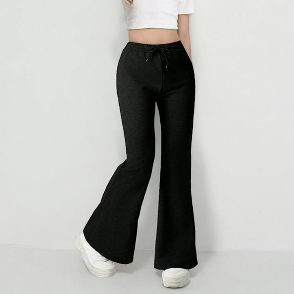 HAOTAGS Teen Girls Flared Pants, High Waist Wide Leg Y2k Pants with Pockets Black 13 Years