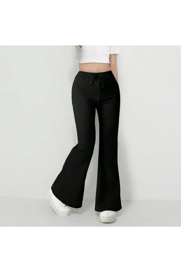 Teen Girls Flared Pants, High Waist Wide Leg Y2k Pants with Pockets Black 16 Years