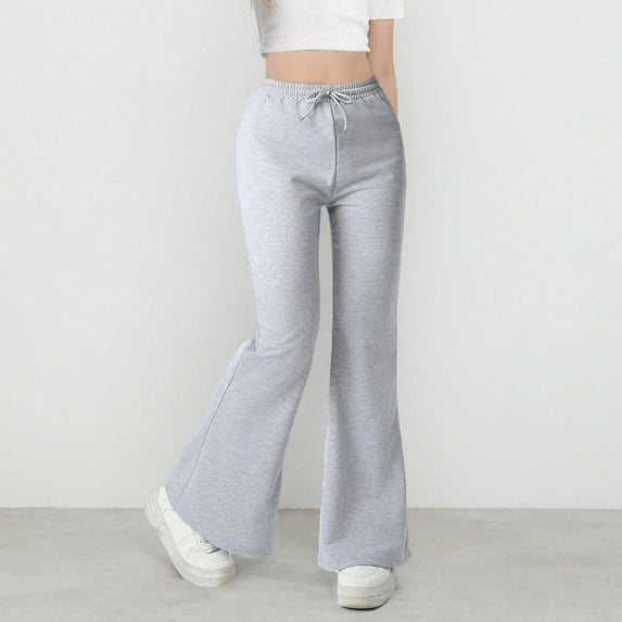 HAOTAGS Teen Girls Flared Pants, High Waist Wide Leg Y2k Pants with Pockets Gray 16 Years
