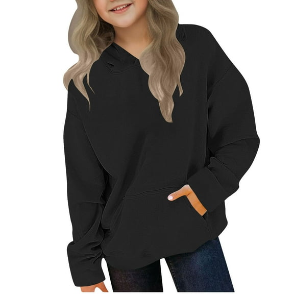 HAOTAGS Teen Girls Heavyweight Hoodie Long Sleeve Hooded Sweatshirts with Pocket Casual Solid Fall Pullover Top Black Size 7 Years
