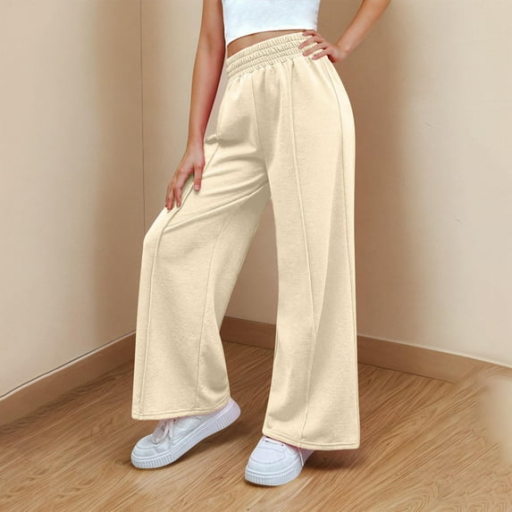 HAOTAGS Teen Girls High Waist Sweatpants Solid Color Stright Type Pants Beige Size 12 Years
