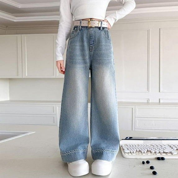 HAOTAGS Teen Girls' Jeans Stright Leg(5-15) Elastic Wasit Wide Leg Baggy Pants Casual Denim Pants with Pocket Blue Size 9 Years