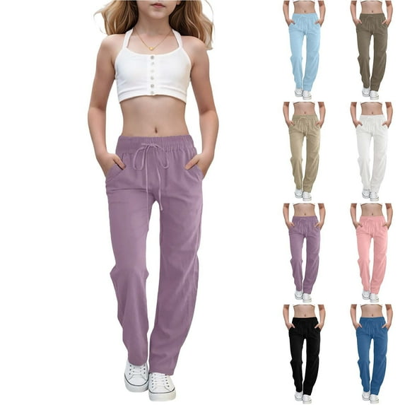HAOTAGS Teen Girls Kids Pants, Solid Color High Elastic Waist Summer Causal Athletic Long Trousers Purple 10 Years