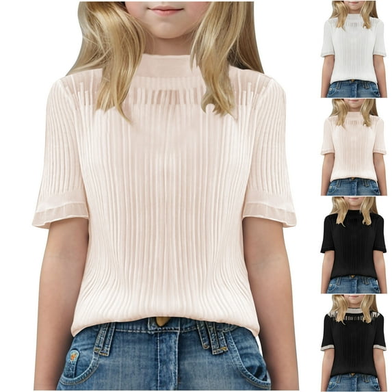 HAOTAGS Teen Girls Lace Blouse Tops Short Sleeve High Neck top Beige 10-11Years