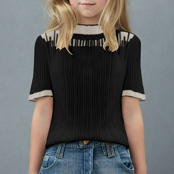 HAOTAGS Teen Girls Lace Blouse Tops Short Sleeve High Neck top Dark Gray 10-11Years