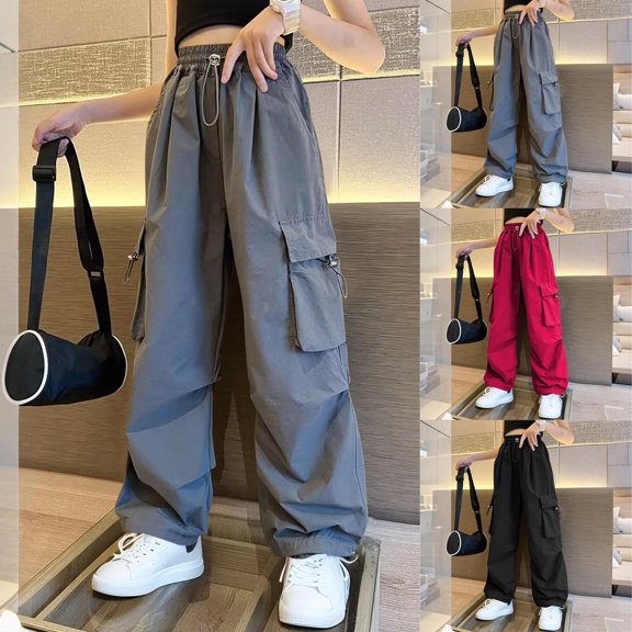 HAOTAGS Teen Girls Lightweight Cargo Pant Stright Leg Loose Pants(5-16), Elastic Waist Pants with Multi-pockets Black 15 Years