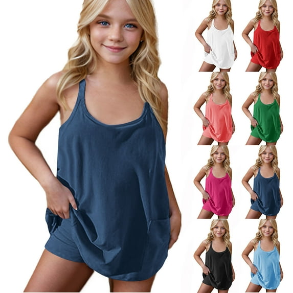 HAOTAGS Teen Girls Straps Romper with Pockets, Solid Color Casual Summer Round Neck Dress With Shorts Dark Blue 11 Years
