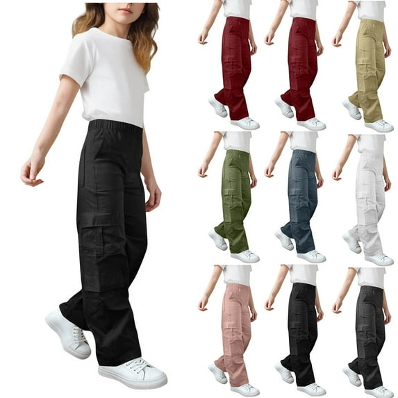 HAOTAGS Teen Girls Stright Leg Cargo Pants(4-15), Elastic Waist Pants with Multi-pockets Black 9-10Years