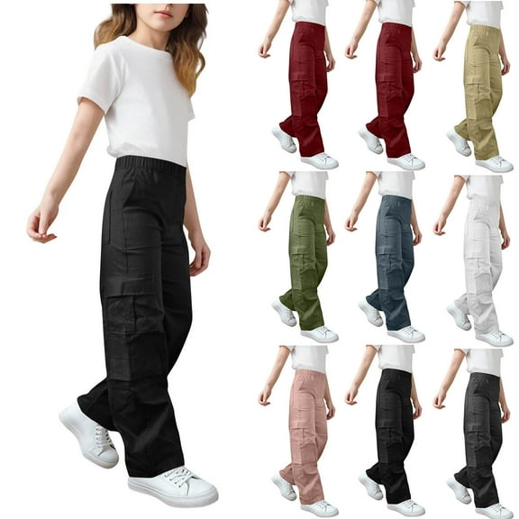 HAOTAGS Teen Girls Stright Leg Cargo Pants(4-15), Elastic Waist Pants with Multi-pockets Black 9-10Years