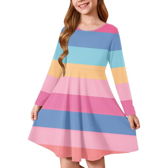 HAOTAGS Teen Girls' Striped Round-Neck Long-Sleeved Dresses Casual Spring Fall Dresses Pink Size 4 Years