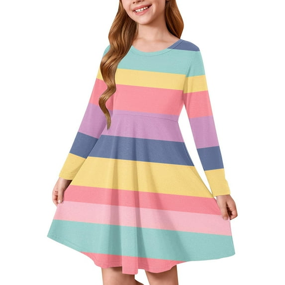 HAOTAGS Teen Girls' Striped Round-Neck Long-Sleeved Dresses Casual Spring Fall Dresses Yellow Size 11 Years