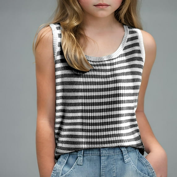 HAOTAGS Teen Girls Summer Tank Tops Sleeveless Round Neck Striped Tops Black 6-7Years
