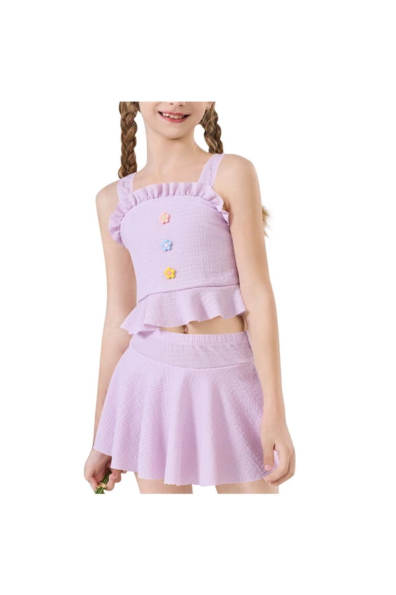 Teen Girls Swim Skirt,Elastic Waistband Solid Brethable Beach 2-Piece Purple 12-13